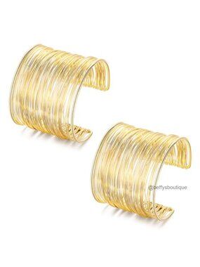 2Pc Wide Open Cuff Bangle Bracelet Set Adjustable Chunky Metal Statement